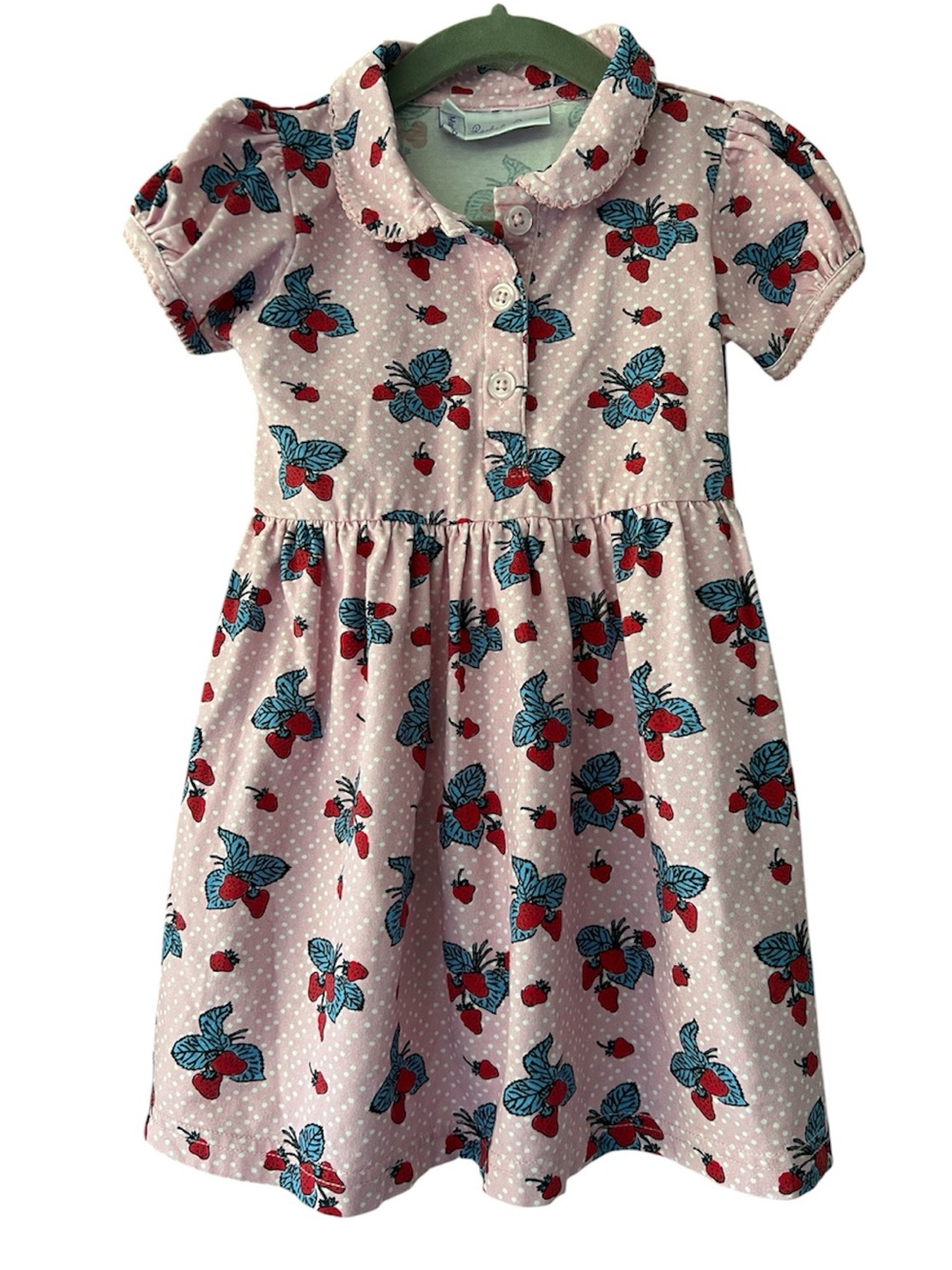 Rachel Riley Girls 2Y Pink Strawberry Print Peter Pan Collar Dress